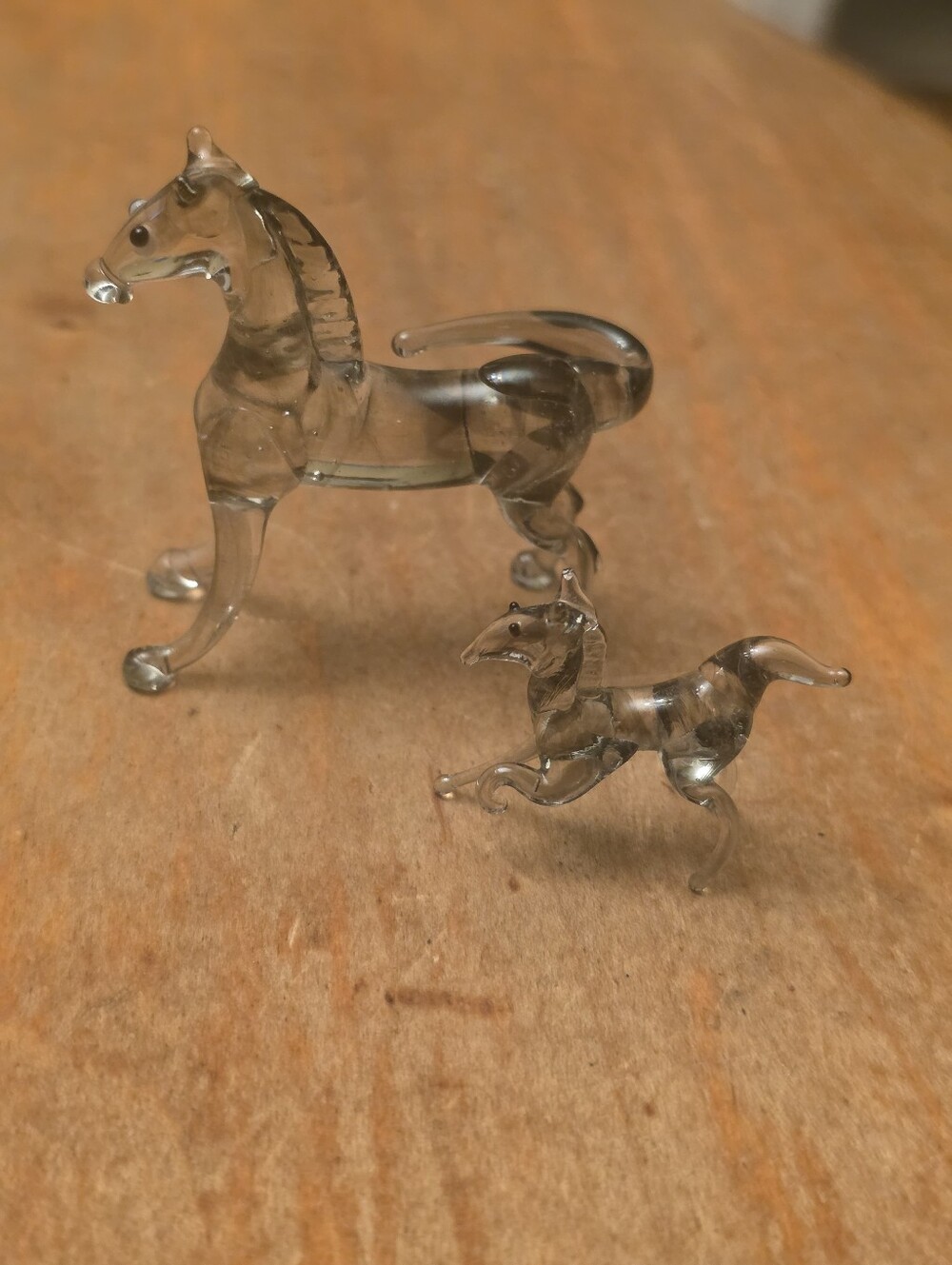 Vtg Art Glass Horses Black Swirl Crystal Clear 2 Mini Figurines Hand Blown